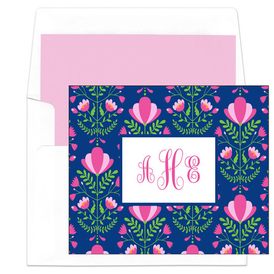 Navy Floral Folk Art Foldover Note Cards